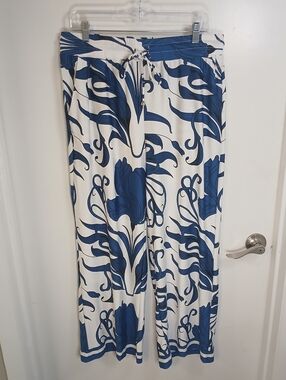 New! Park & Main Blue & White Wide Leg Floral Print Flowy Drawstring Pants XL